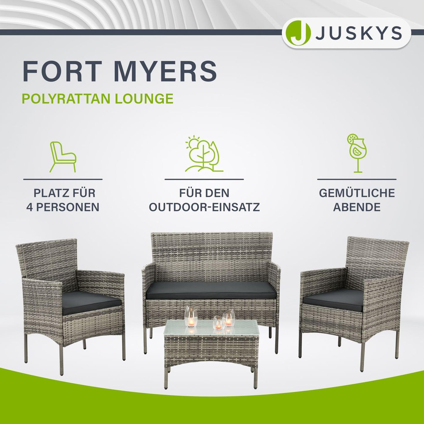 Juskys Polyrattan Sitzgruppe Fort Myers 4er-Set Grau-Meliert, Wetterfestes Gartenmöbel-Set mit Sofa, Stühlen, Tisch und Kissen