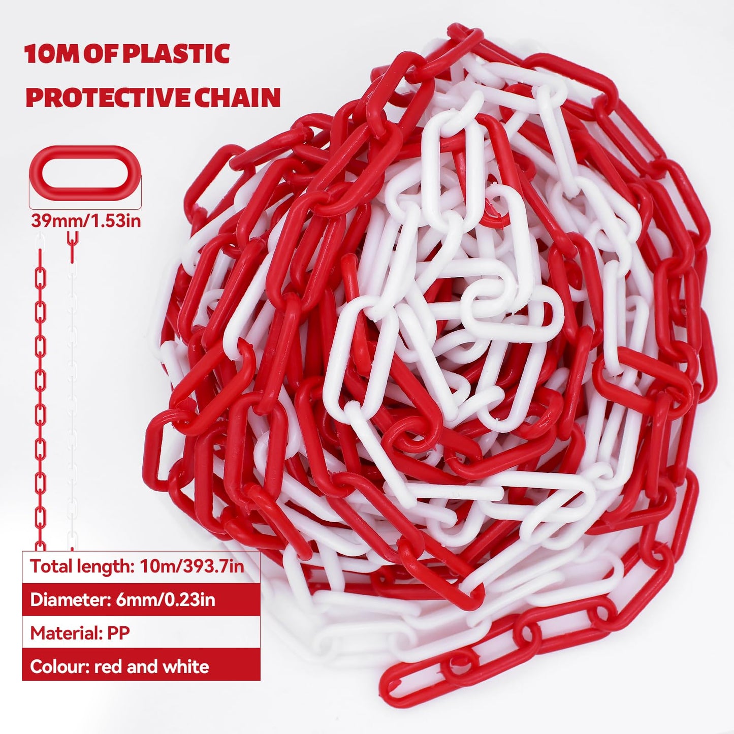 Piuluvor® 10M Absperrkette Rot Weiß Kunststoff Kette Absperrung 6mm Stärke Kunststoffkette zum Absperren von Flächen, Gut Sichtbar, Stabil und Handlich