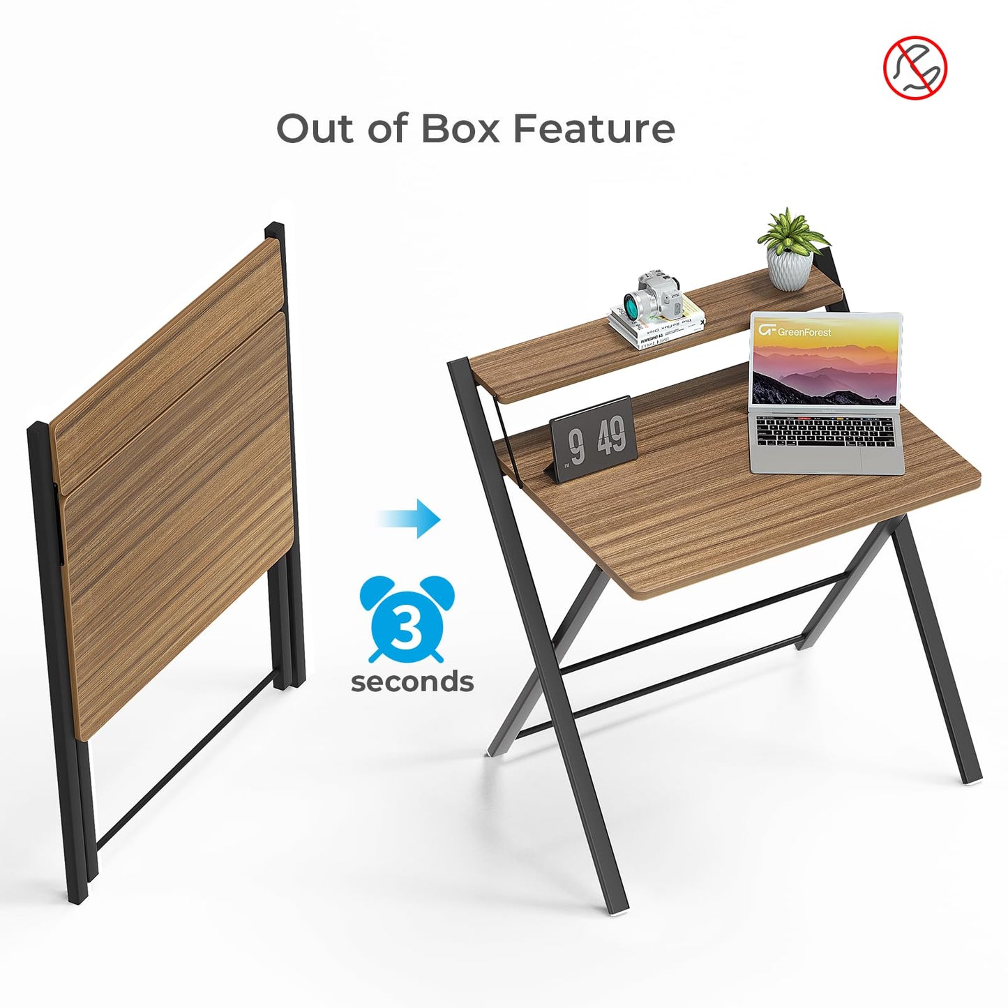GreenForest Schreibtisch Klappbar für Kleine Räume, Klappbarer Schreibtisch mit Regal, Keine Montage Erforderlich Schreibtisch Klappbar, Home Office Schreibtisch Schmal, Große Größe, Braun