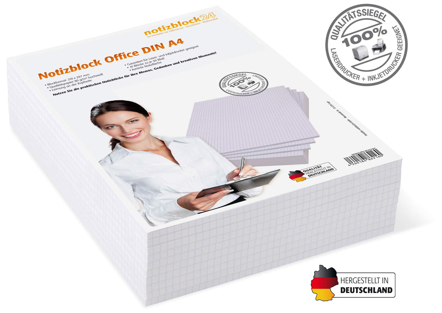 Notizblöcke DIN A4 kariert, 10er Pack, 50 Blatt je Block, 80 g/m² Offset weiß, notizblock24