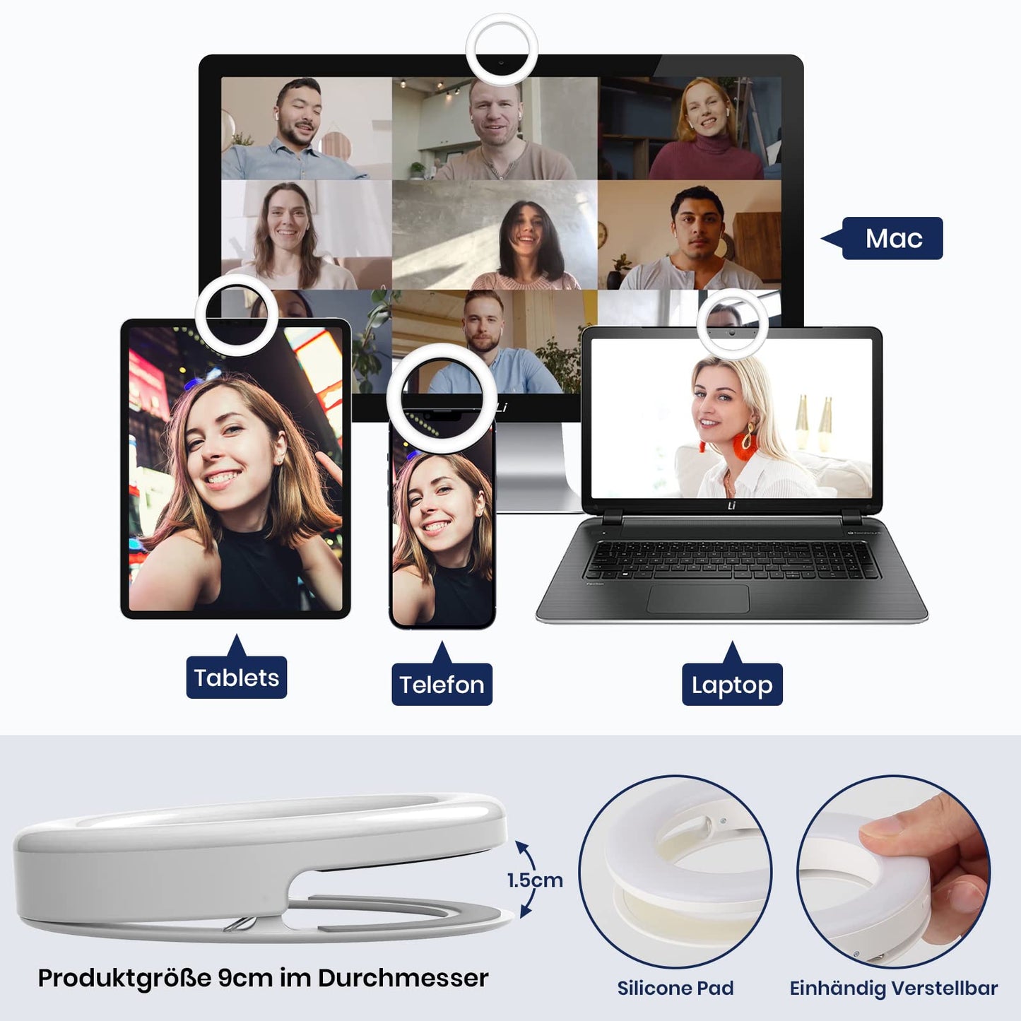 Handy Ringleuchte,40 LEDs Selfie Licht,Mit DREI Farbmodi,USB-Laden,Geeignet für Handys,Tablets,Laptops,Zoom-Meetings,Make-up,Vlogging, Videokonferenzen,Phone