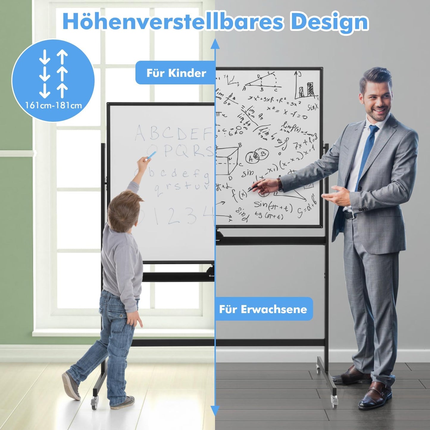 COSTWAY mobiles Whiteboard mit StĂ€nder, 90 x 120 cm, Doppelseitige Magnettafel Höheverstellbar & 360° drehbar, magnetische WeiĂtafel mit Rollen, Whiteboard Abwischbar Beschreibar inkl. Zubehör