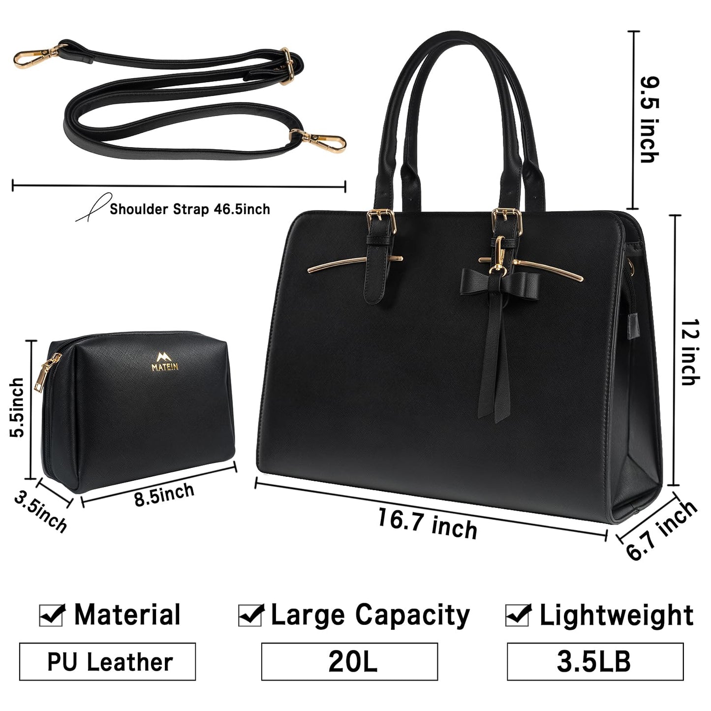 MATEIN Laptop Handtasche Damen, Business Taschen Damen Leder Aktentasche 15.6 Zoll Laptoptasche Elegant Mittelgroß Arbeitstasche Damen Büro Schule Taschen Shopper Handbags for Women, Frauen, Schwarz