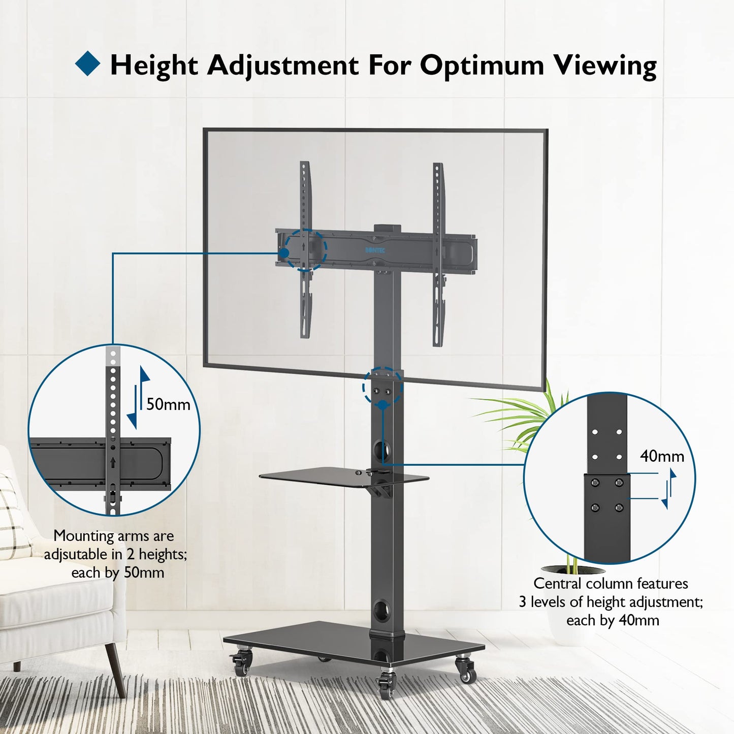 BONTEC TV-Ständer mit Rollen für 30-70 Zoll Plasma-/LCD-/LED-Bildschirme bis 40 kg, 6 Höhenverstellungen mit 2-stufigen Ablagen aus gehärtetem Glas, MAX VESA 600 x 400 mm