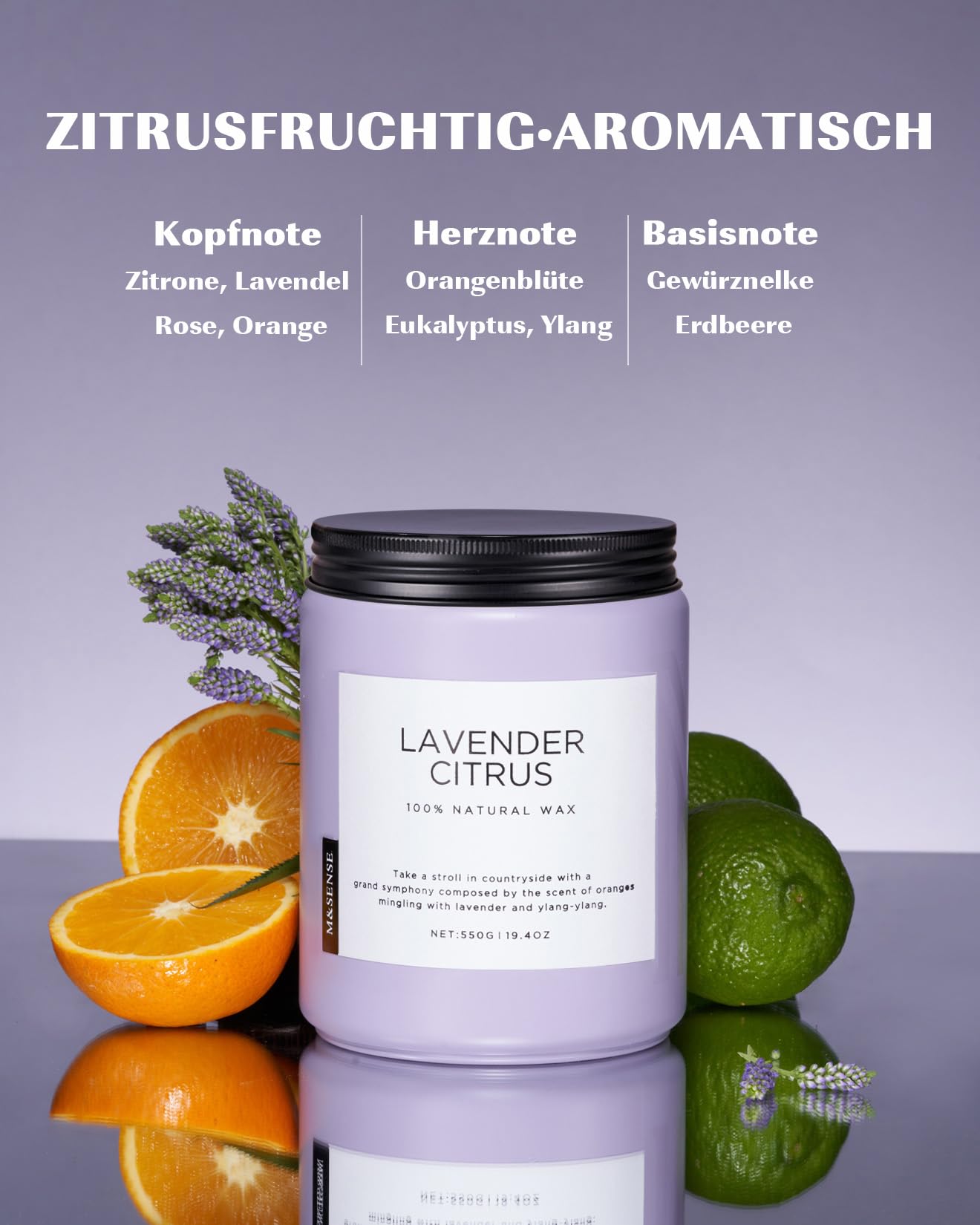 M&SENSE Duftkerzen Lavendel Zitrus mit 2 Dochte, 550g 110 std. Brenndauer Sojakerzen, Aromatherapie Kerze zur Entspannung Duftkerzegeschenk für Mama, Freunde, große Glaskerze für Spa, Bad, Yoga