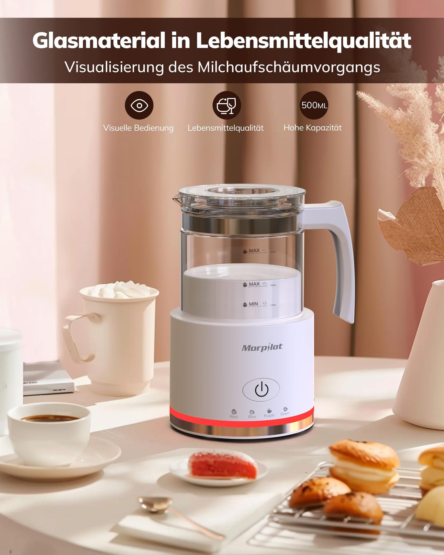 Morpilot Milchaufschäumer Elektrisch, 130-500ml 600W, 4 in 1 Milchschäumer für Heißer und Kalter, Spülmaschinenfest, Visuelles Glas, Latte-Design, Weiß