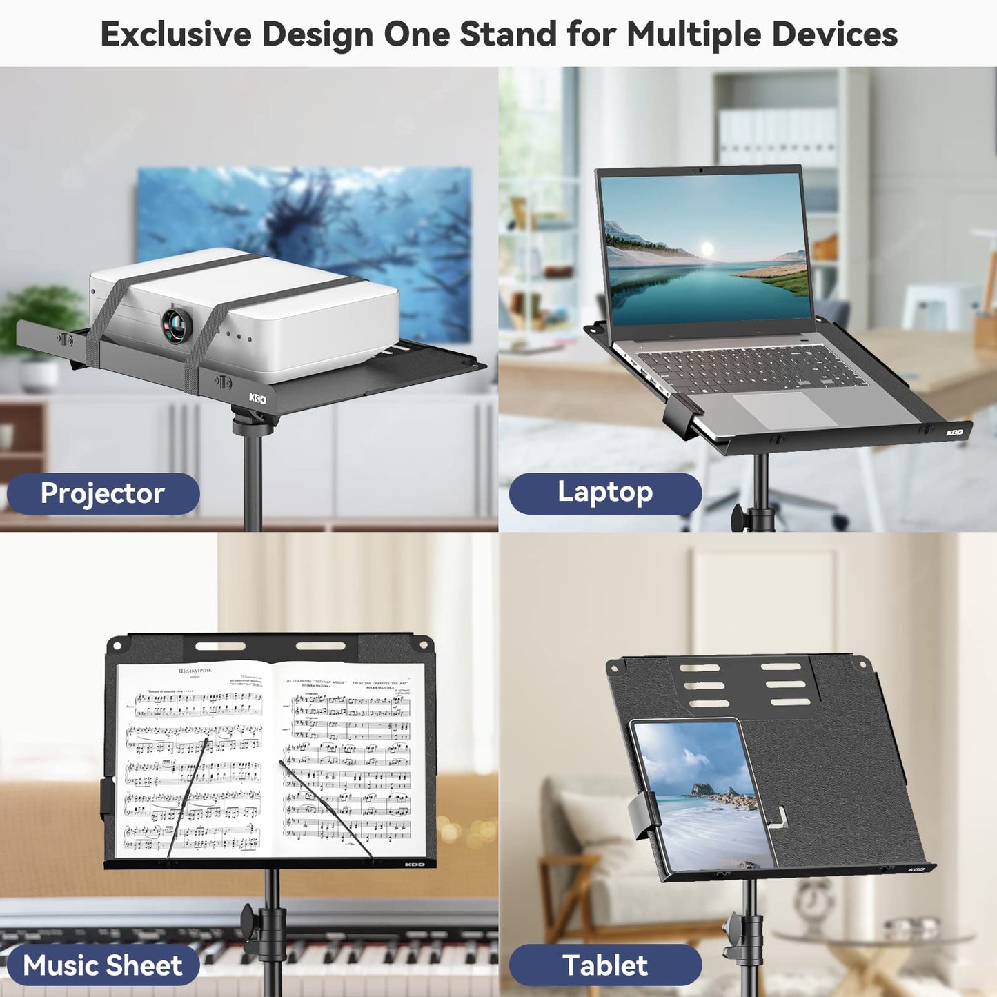 KDD Beamer Ständer - 4 in 1 Notenständer Klappbar Stabil mit Federarm Laptop Bodenständer Tablet Halter mit Schiebehebel - Projector Tripod Stand Höhenverstellbar von 59cm bis 160cm & 180° Drehbar