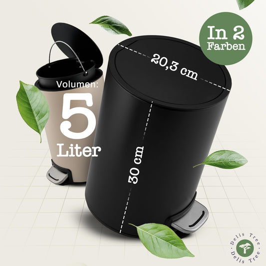 Delis Tree Mülleimer 5L, Tretmülleimer mit edlem Design & Softclose, Anti-Geruch Abfalleimer, für Bad Badezimmer Toilette Küche Büro, Müll Eimer Trash Haushalt Kosmetik Mülltonne Inneneimer (Schwarz)