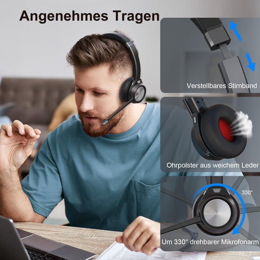 Beebang Bluetooth Headset Schwarz mit Noise-Canceling-Mikrofon, Ladestation und USB-Dongle, 40 Stunden Sprechzeit für PC, Mac und Teams