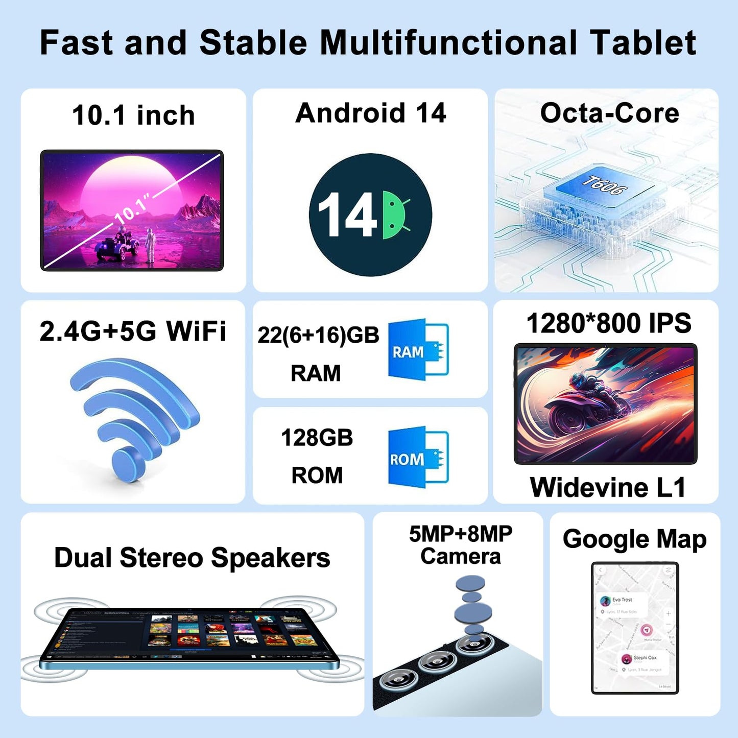 ZIOVO Tablet 10 Zoll mit 22GB RAM+128GB ROM (1TB TF), Android 14 Tablet mit 5G WLAN | Widevine L1 | Octa-Core 2.0 GHz | GMS | 8000mAh | FHD 1280 * 800 | 5+8MP | BT 5.0 | AGPS | Tablet mit Case - Grau