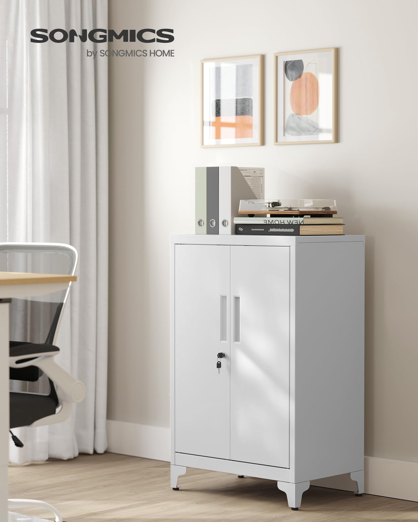 SONGMICS Mattgrauer Abschließbarer Büroschrank OMC012G01 90x60x40 cm – Stahl-Mehrzweckschrank mit 2 Verstellbaren Ablagen und Premium-Schloss – Perfekt für Arbeitszimmer, Küche oder Garage