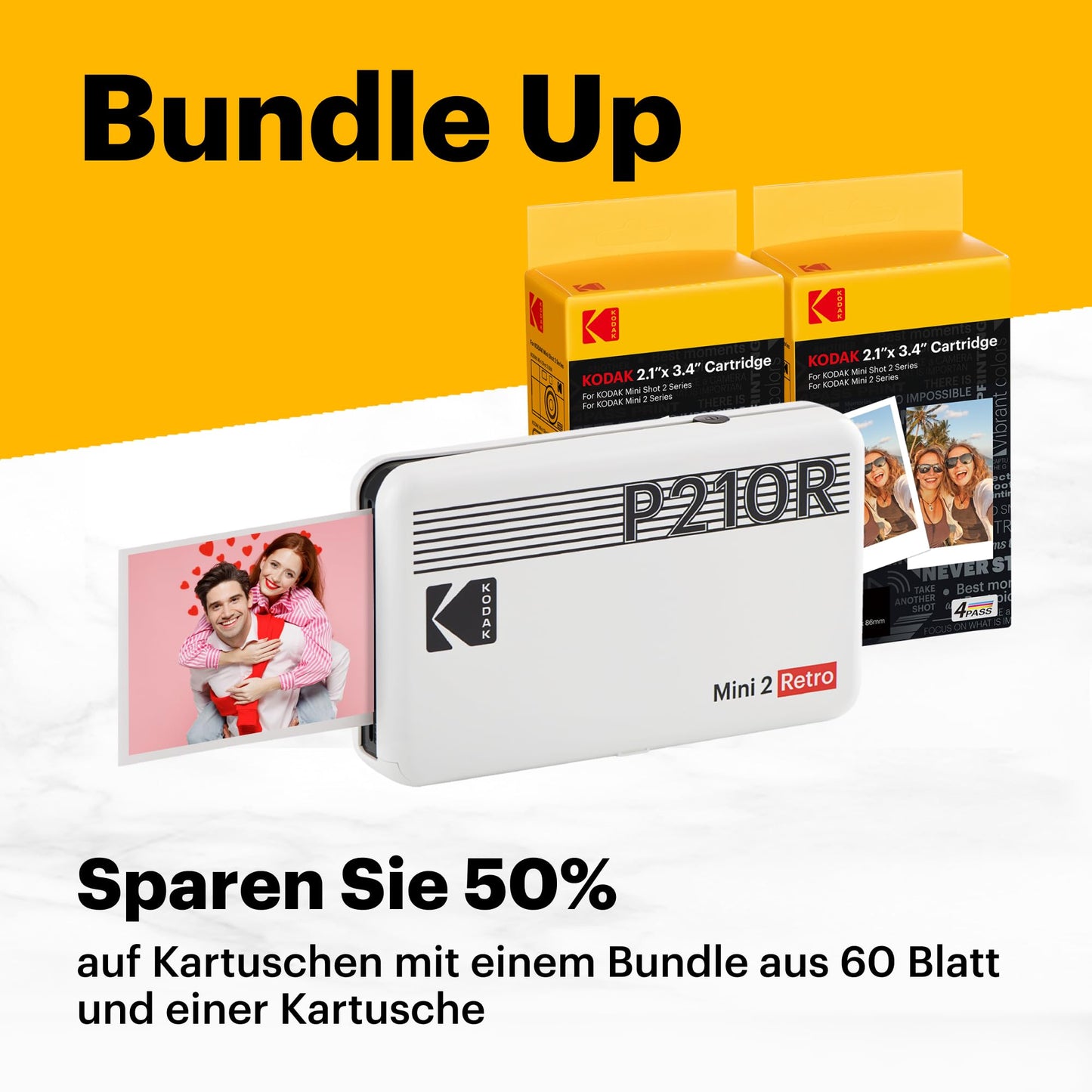 KODAK P210 Mini 2 Retro, Mobiler Farbig Handy Fotodrucker, Kompatibel mit Smartphone (iOS & Android), Bluetooth, 54x86 mm, 4Pass-Technologie, Laminierung, 68 Blatt, Weiß