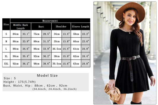Gyabnw Damen Strickkleid Elegante A-Linie Kleid Pulloverkleid Zopfmuster Rundhalsausschnitt Minikleid Strickpullover für Party Cocktail Freizeit, Schwarz, L