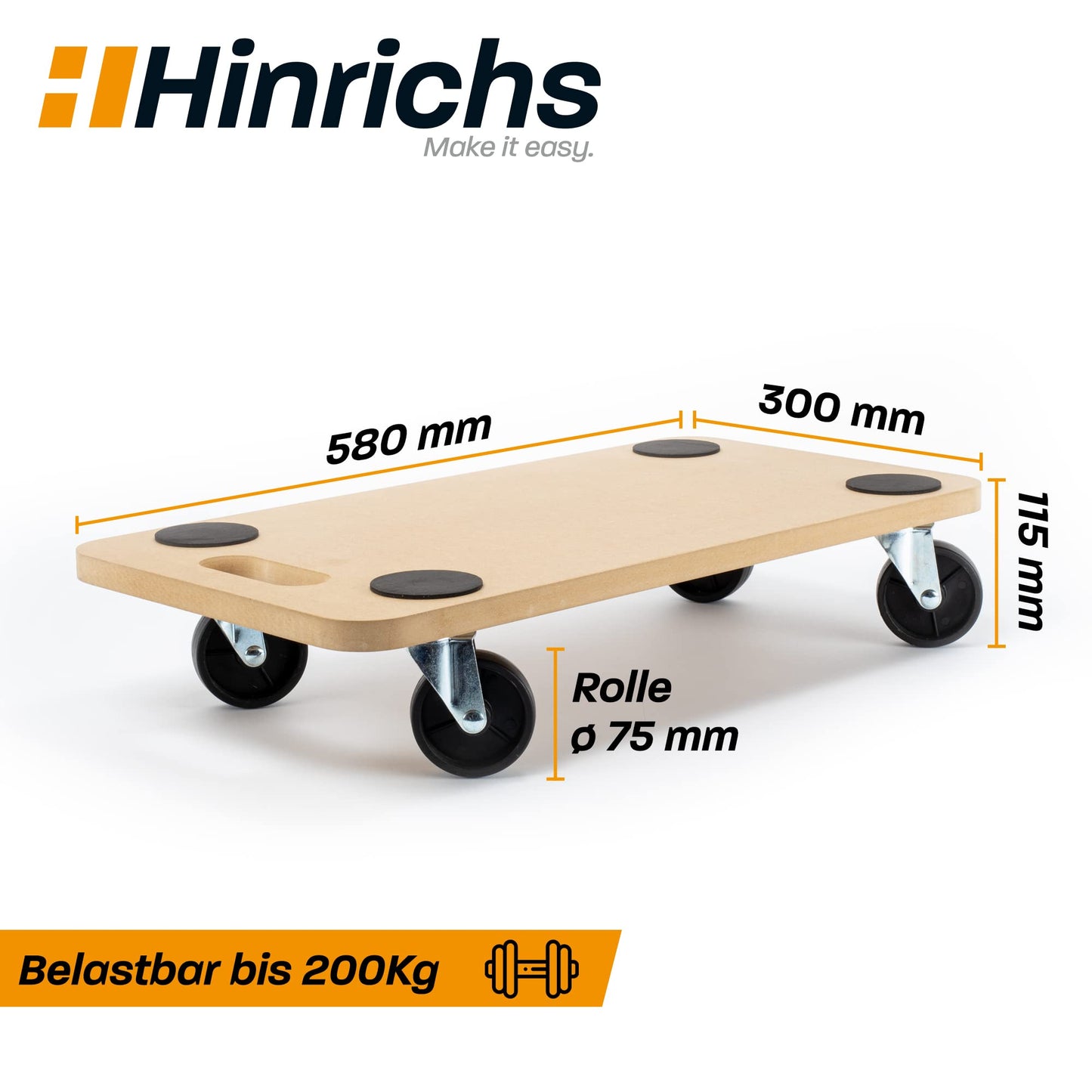 Hinrichs 2X Transportroller 58 x 30cm - Transport Rollbrett für Umzug & Werkstatt - Rollwagen Transport - Möbelroller Schwerlast max. 200 kg Tragkraft - Transporthilfen für Möbel - Transportbrett
