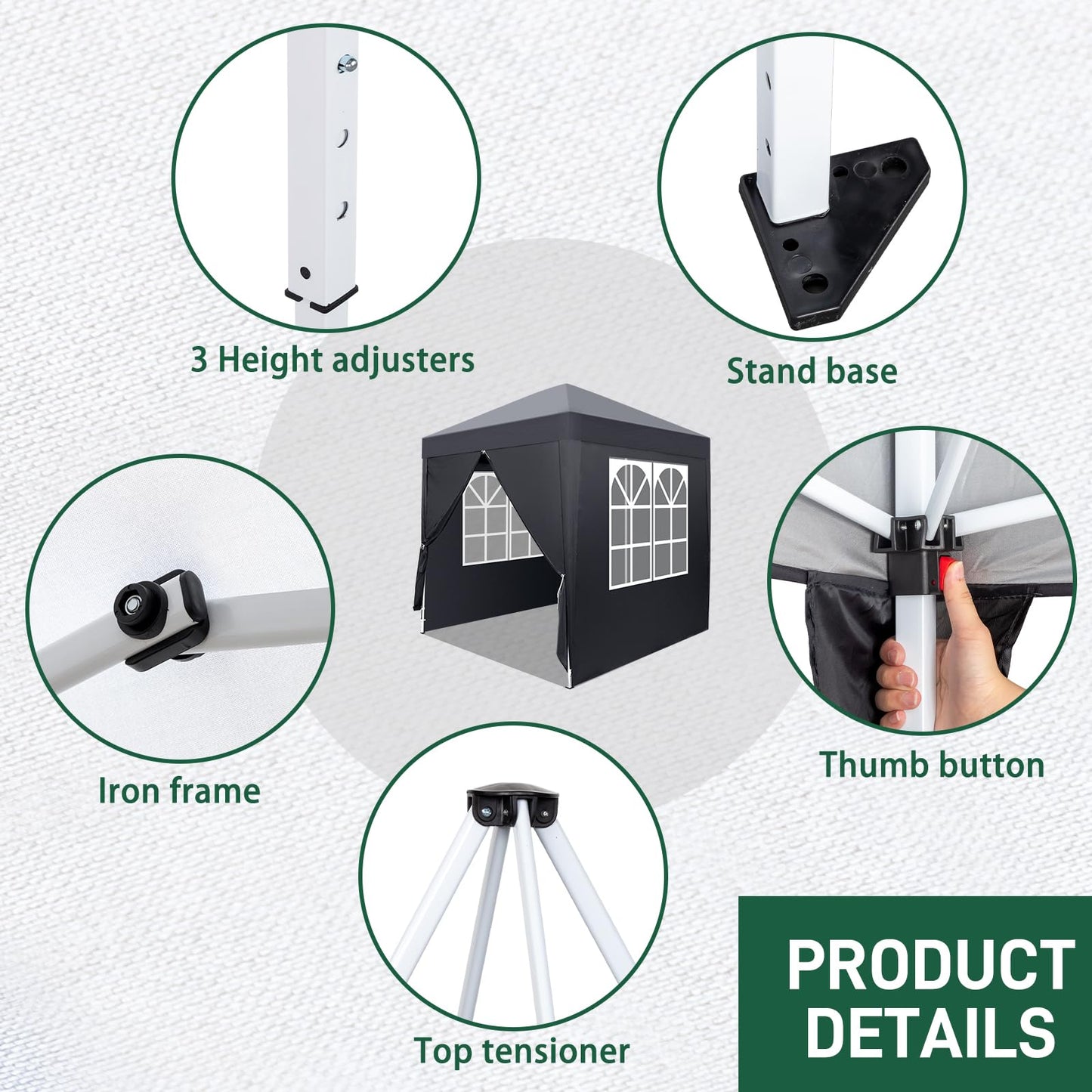 LEADZM 2x2m Pavillon,Pop-up,Winddicht,Wasserdicht,Faltpavillon,UV Schutz 50+,Höhenverstellbar,mit 4 Seitenteilen,für Outdoor, Garten, Party, Camping,Dunkelgrau