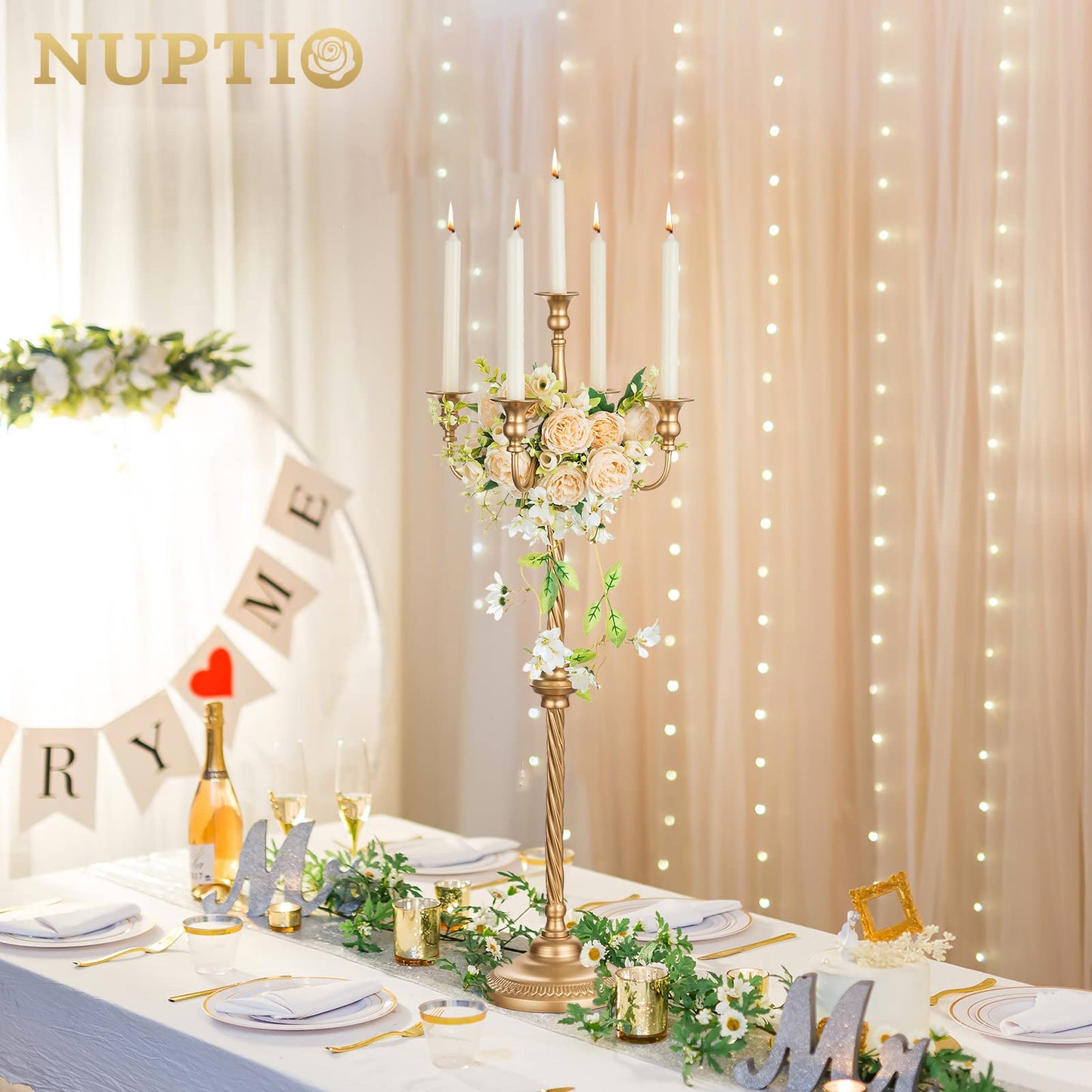 Nuptio Kandelaber Kerzenständer 5 Armig: 88cm Satz von 2 Kerzen Ständer Halter hoch, Gold Metall Kandelaber Kerzenhalter Retro für Home Hochzeit Weihnachten Halloween Geburtstag Jahrestag