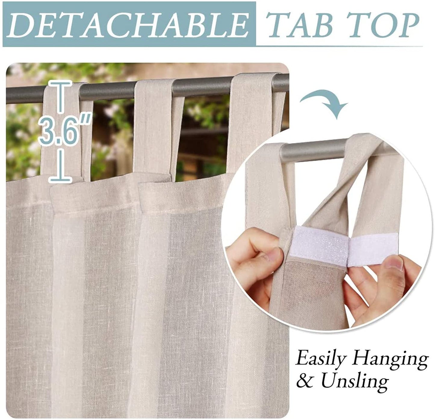 LINFKY Outdoor Vorhänge, Abnehmbares, Klebriges Tab-Top Zum Einfachen Aufhängen Und Abwickeln, wasserdichte Außenveranda Mit Weißem Gardinen-Innendeck Im Freien, 2 Paneele (2X 132x213 cm,Natürlich)