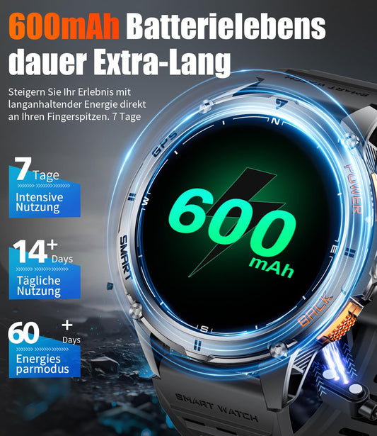 LIGE GPS Smartwatch Herren mit LED Taschenlampe 1.43″AMOLED Smartwatch mit Telefonfunktion 600 mAh Batterie Herzfrequenz/Schrittzähler/Schlafmonitor/Kompass Smart Watch für iOS Android,170 Sportmodi