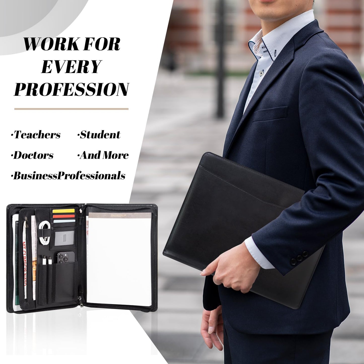 Calfinder Schreibmappe A4, Konferenzmappe A4, Veganes Leder, Arbeitsmappe, Aktenmappe a4 mit reißverschluss, Ledermappe A4, Businessmappe Geschenke für Fauen, Geschenke für Männer, Schwarz