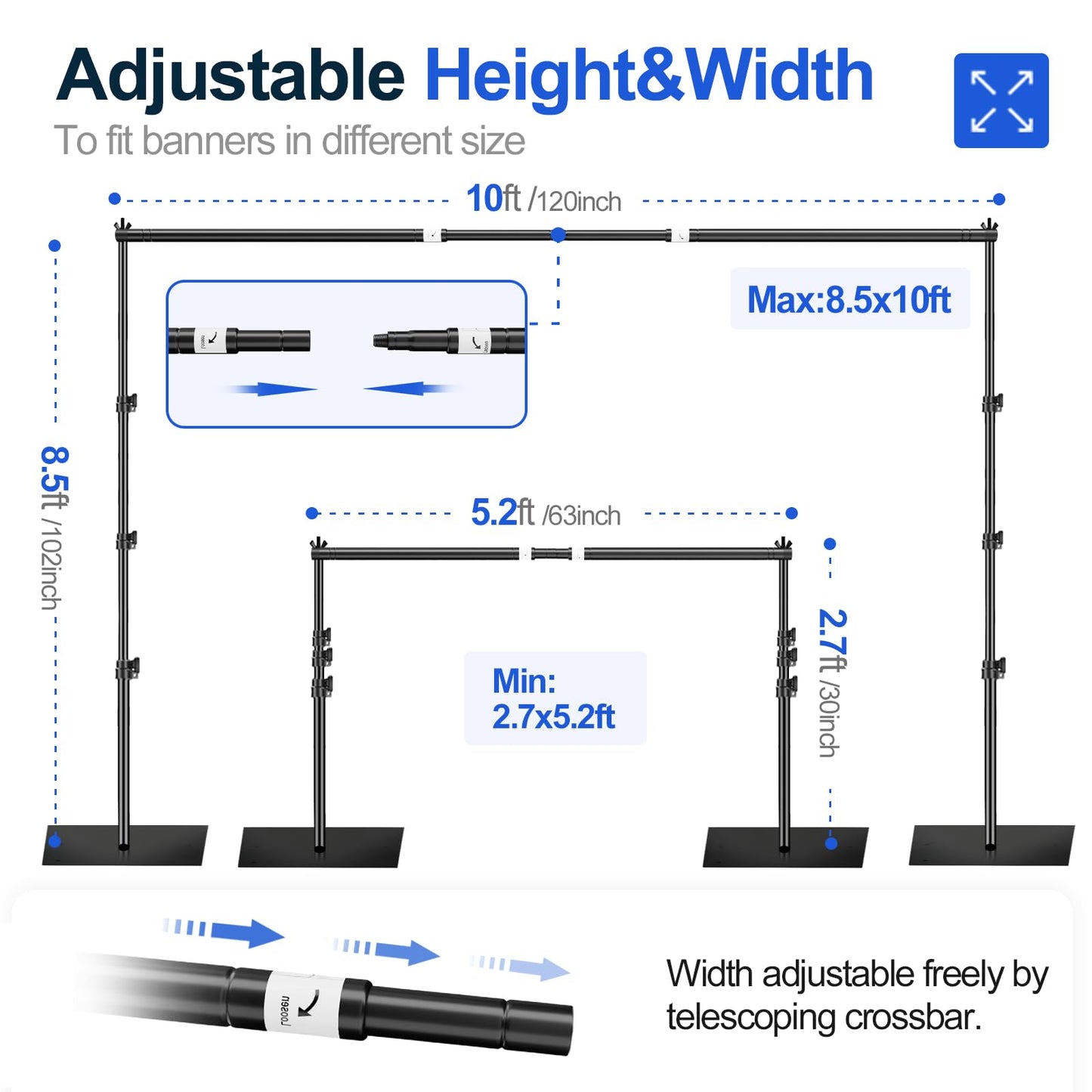 EMART Foto Hintergrund Ständer mit Stahlsockel, 2,6m x 3m Verstellbarer Hintergrundsystem, Hintergrundständer Fototudios für Fotografie Video Studio Porträt Partydekoration