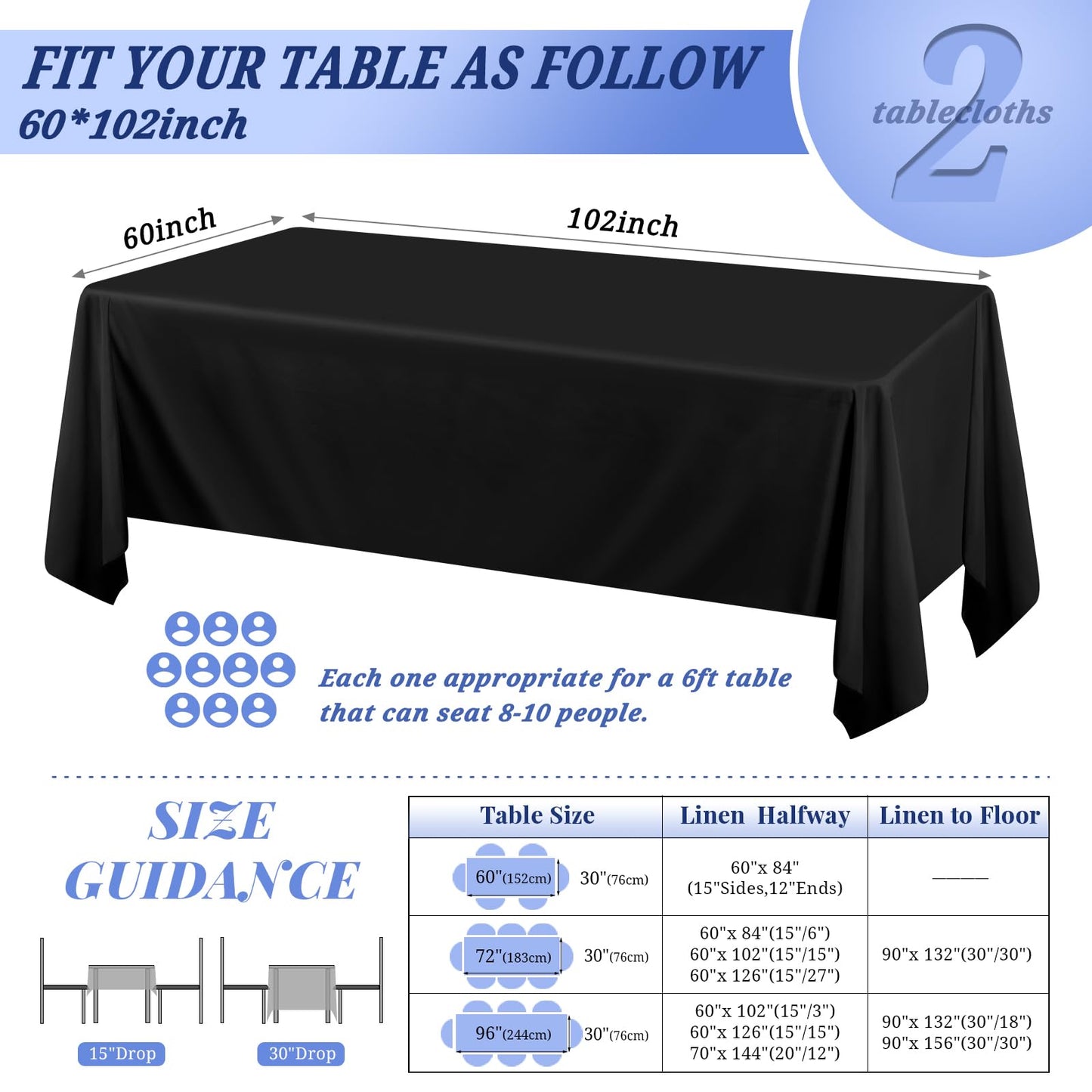 2er-Pack Schwarze rechteckige Tischdecke 153×260cm, waschbare rechteckige Tischdecke aus Polyestergewebe für 6 Ft Tisch perfekt für Geburtstag, Hochzeit, Bankett, Restaurant, Party, Babyparty