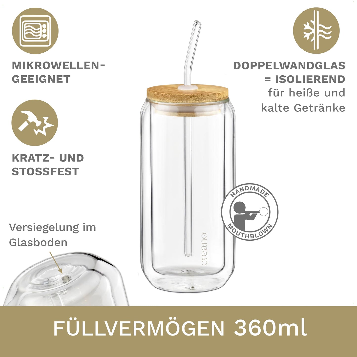 Creano doppelwandiges Trinkglas mit Bambusdeckel & Strohhalm 360ml - Smoothie Becher - Bubble Tea - Cocktailglas