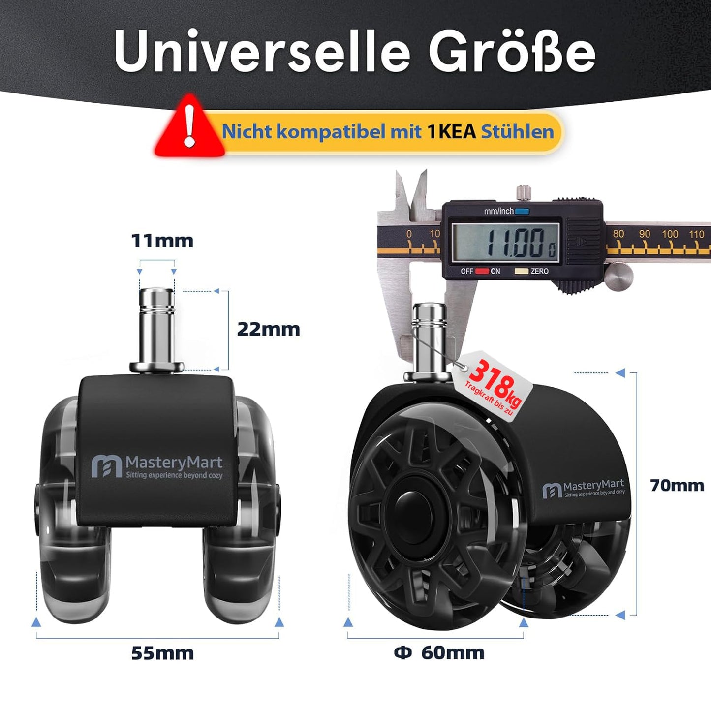 Mastery Mart Bürostuhlrollen 5er Set, 60 mm Hartbodenrollen mit Polyurethan, Schwarz, für Parkett und Laminat