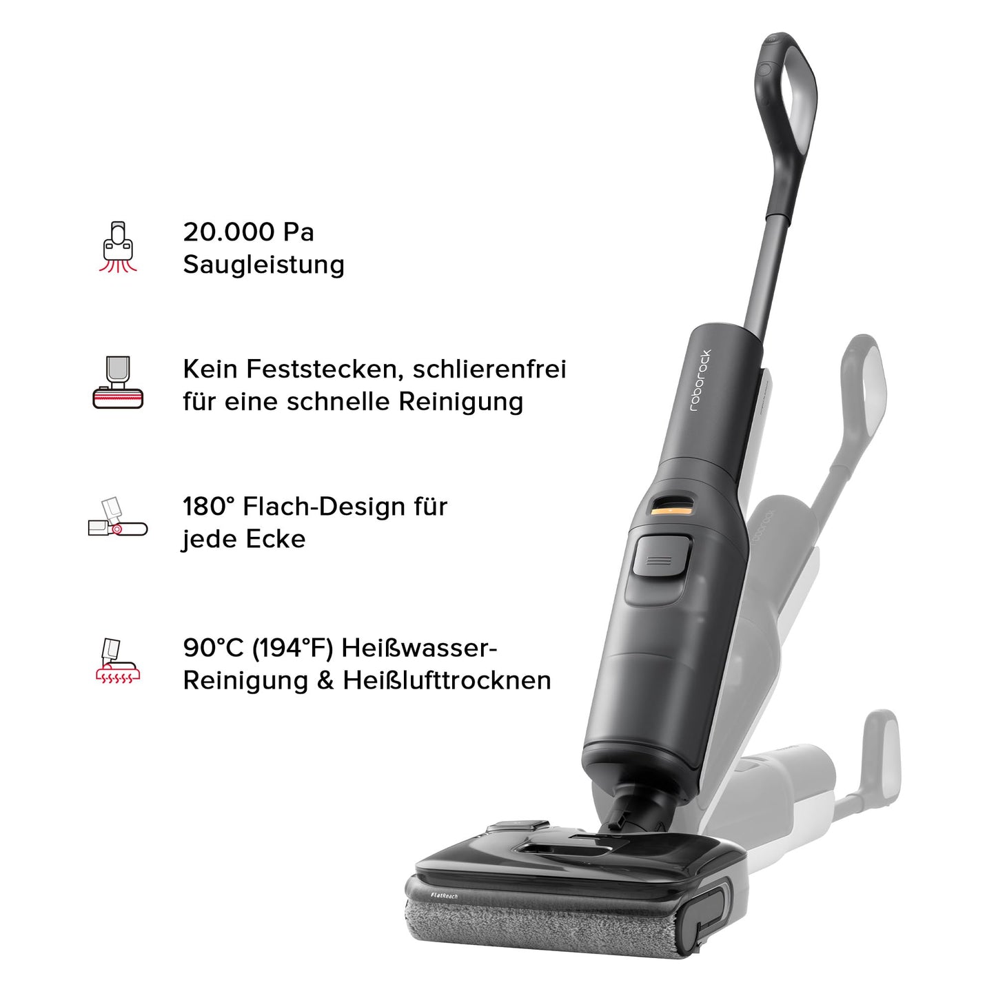 Roborock F25 Nass-Trocken-Staubsauger, kabelloser Staubsauger und Mopp in einem mit 20.000 Pa, 90°C Heißluft-Schnelltrocknen & Heißwasser-Selbstreinigung, kein Verheddern, 180° flach absenkbar