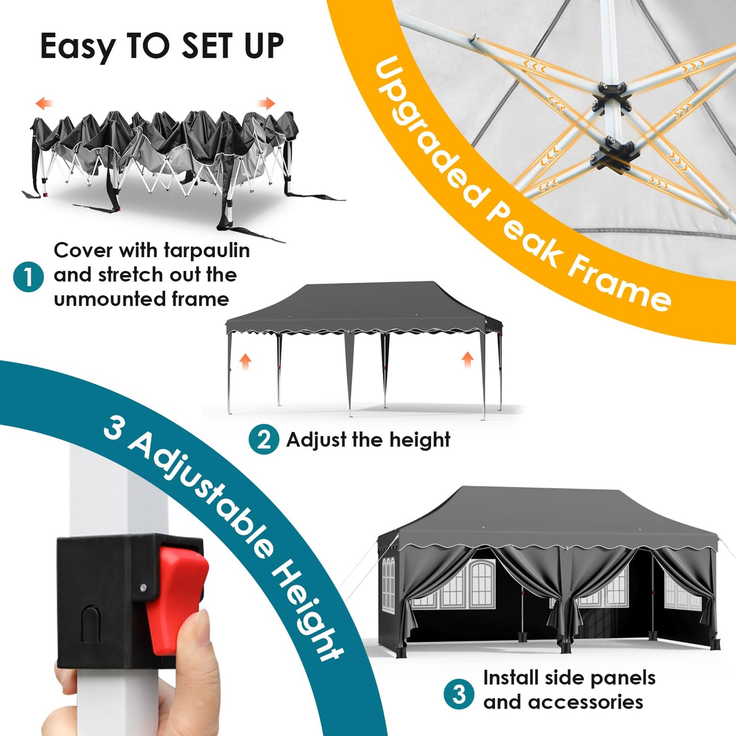 Pavillon 3x6 mit 6 Seitenwänden, Faltpavillon 3x6 Wasserdicht Stabil Winterfest, Faltbar Partyzelt 3x6,UV Schutz 50+ Gartenpavillon,6 Sandsäcke 12 Erdhaken,für Markt,Hochzeiten,Patio (Grau)