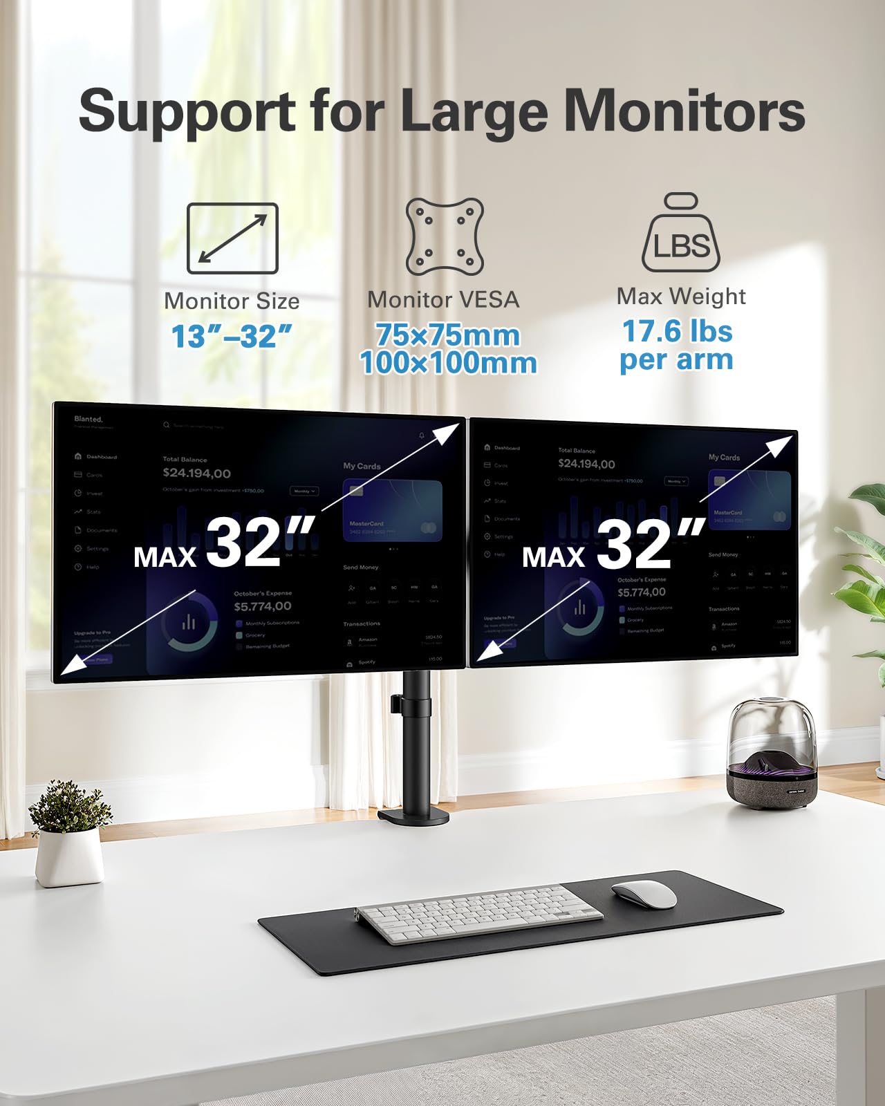 HUANUO Monitorhalterung 2 Monitore für 13 bis 32 Zoll Bildschirme, Monitor Halterung Höhenverstellbar Neigbar Schwenkbar Drehungbar, erweiterter Monitorarm Bildschirmhalterung 2 Monitore, VESA 75/100
