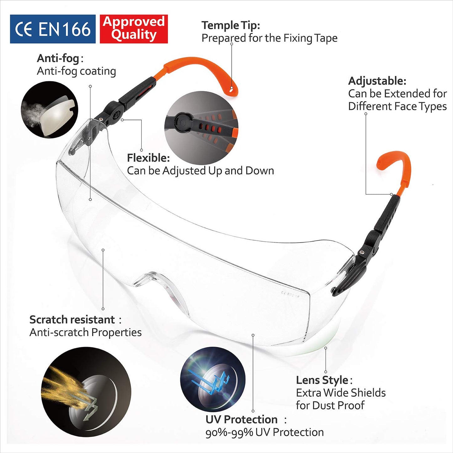 SAFEYEAR Schutzbrille für Brillenträger-SG009,Ausgestattet mit Anti-Kratzer und Anti-Fog Linsen UV400-Schutz,CE EN166-Zertifizierung,Mit Seitenschutz, umlaufender Brille, verstellbaren Brillenbeinen