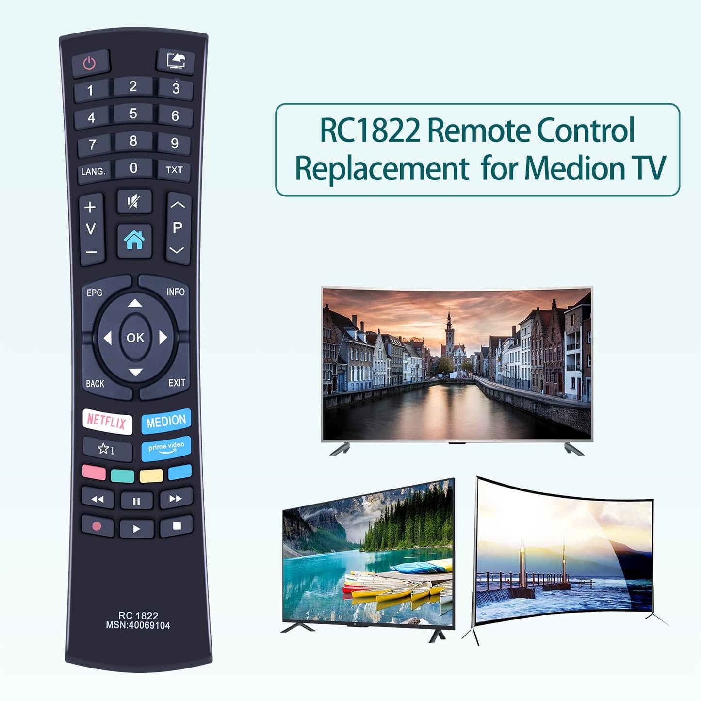 Passend für Medion Smart TV RC1822 MSN:40069104 ErsatzFernbedienung mit Netflix Medion Prime Video Tasten MD-31505 - X15515 MD-31510 - X14000