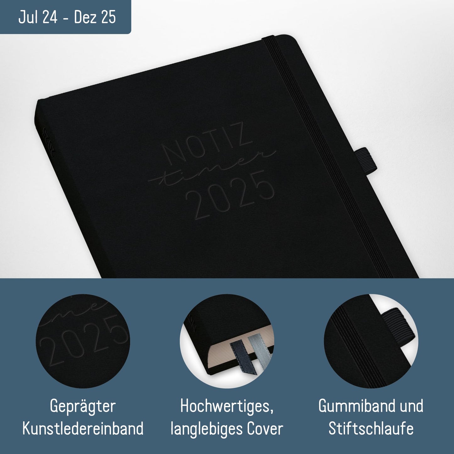 Häfft® Wochen-Notiz-Kalender 2024/2025 A5 "All Black" Buchkalender, Terminplaner 18 Monate: Jul 24 - Dez 25 - Wochenplaner, Terminkalender, Wochenkalender - nachhaltig & klimafreundlich