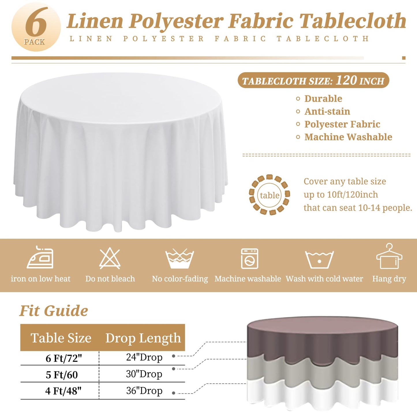 6er-Pack weiße runde Tischdecken, 120 Zoll/ 305 cm Polyester-Stoff-Tischdecke, waschbare Stoff-Tischdecke für Hochzeitsbankette, Restaurant-Buffet-Partys und Camping