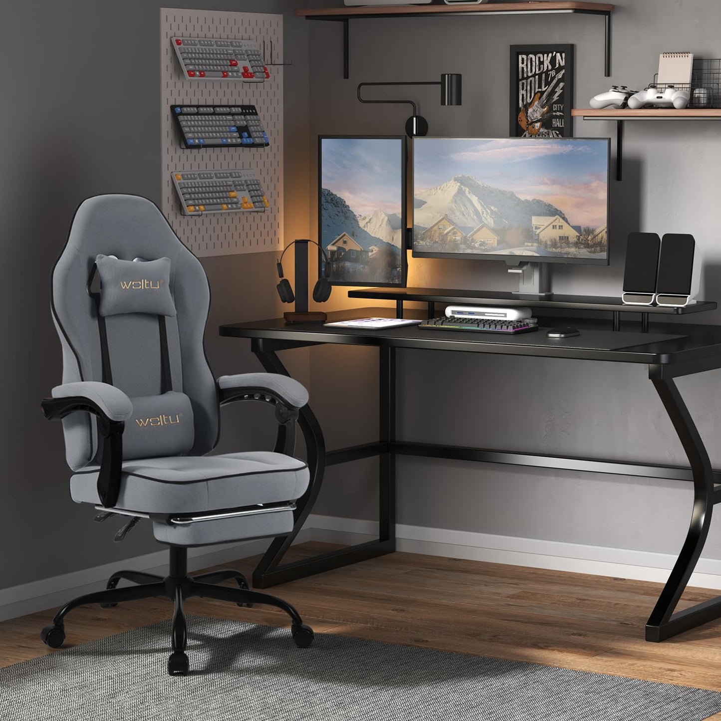 WOLTU Gaming Stuhl mit Taschenfederkissen, Gaming Sessel 150 kg Belastbarkeit, ergonomischer Drehstuhl, Gamer Stuhl mit Kopfkissen, Lendenkissen, Fußstütze, Netzstoff, Grau,GS11gr