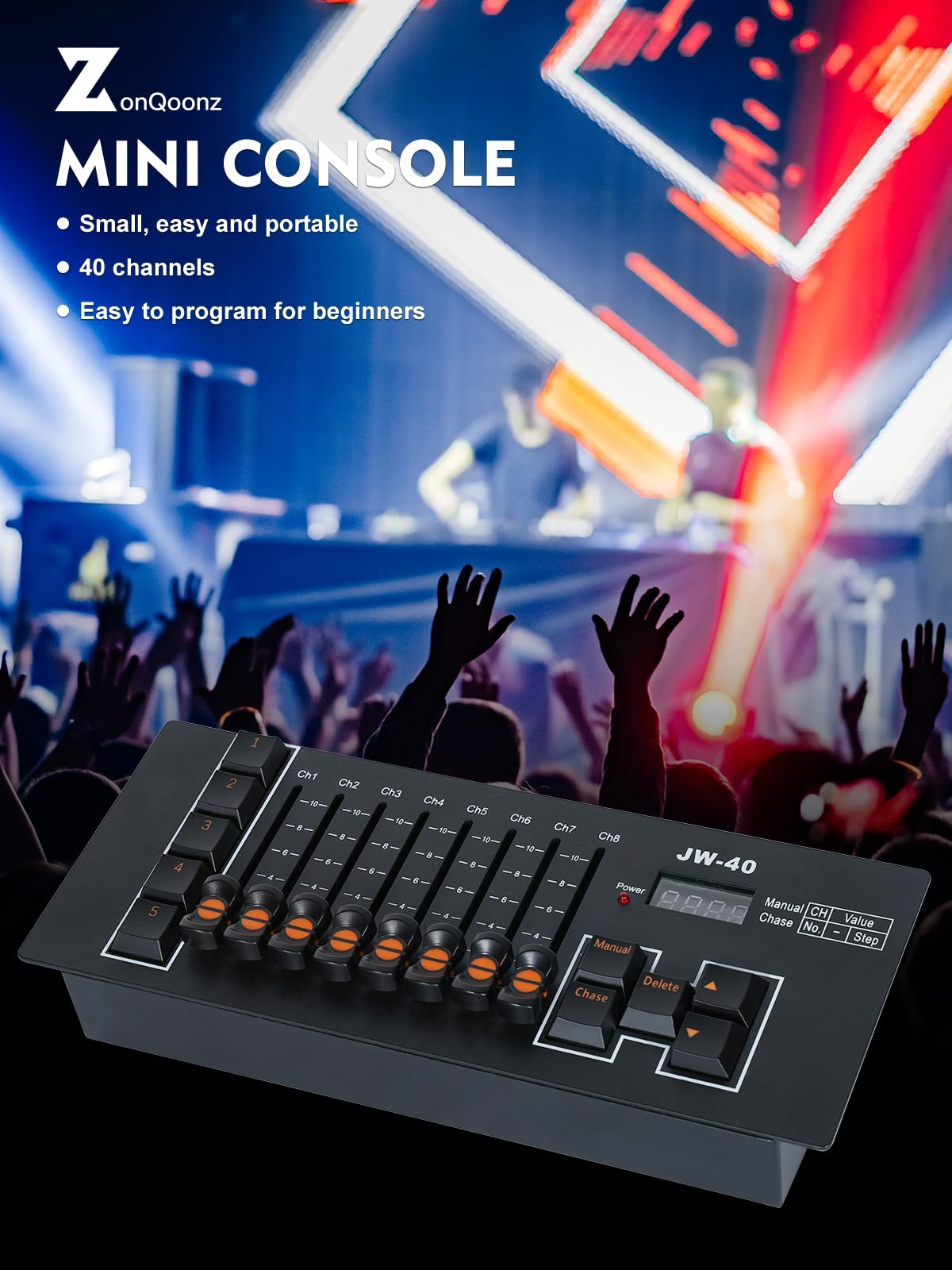 ZonQoonz DMX Controller, 40 Kanäle DMX512 DJ Controller mit Eingebautem Akku, DMX Mischpult für Bühnenbeleuchtung, DJs, Moving Heads, Bars, Discos, Live Shows, Party