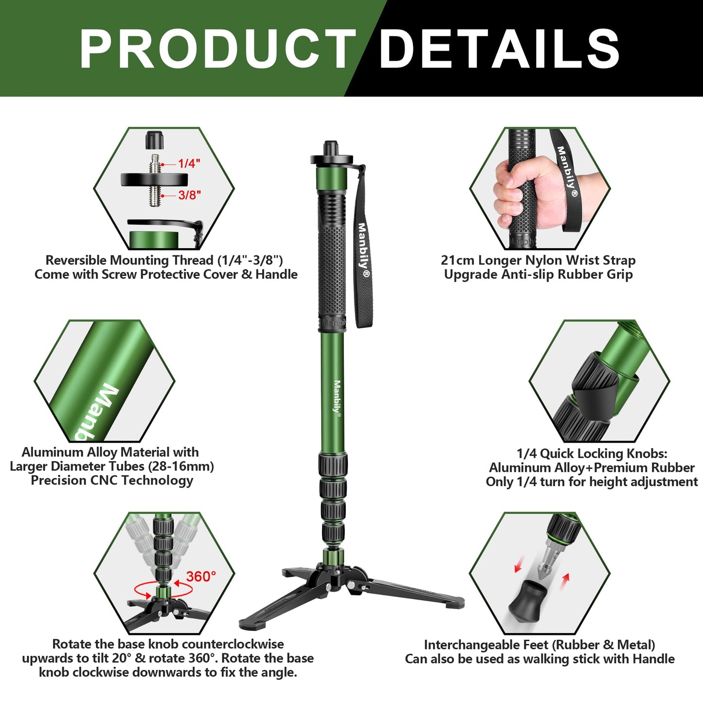 Manbily Kamera-Einbeinstativ mit Standfuß & Gehstockgriff aus Aluminium, 5 Abschnitte bis zu 180cm, Wanderstöcke Reise-Einbeinstativ Tragbar Kompakt Leicht mit füßen Max 10KG DSLR Kamera Videokamera