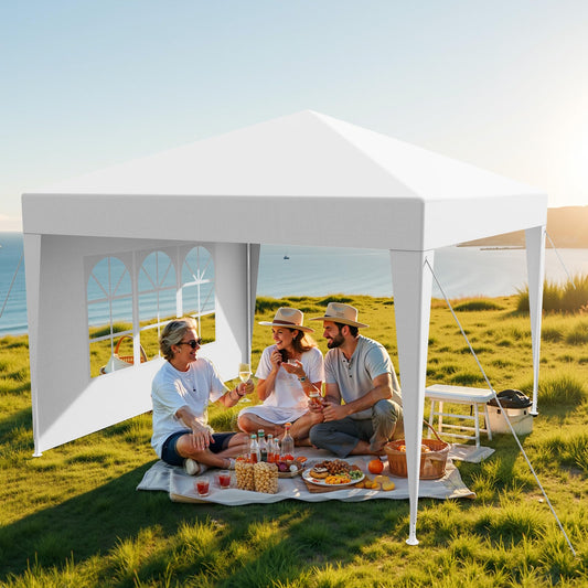 Pavillon 3x3m Wasserdicht, Garten Pavillon Stabil Stecksystem-Metallgestänge, Festzelt, Erdhaken-Seil, Party Zelt PE-Plane, Faltpavillon mit Seitenwänden für Party-Camping-Markt, UV-Schutz, Weiß