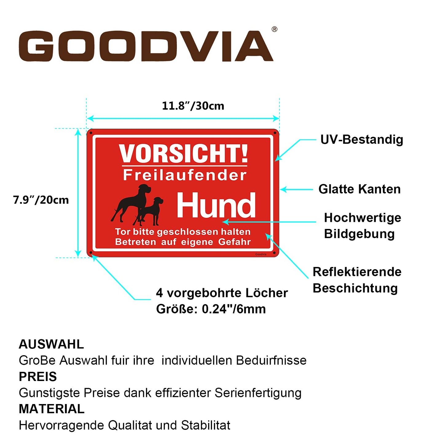 Goodvia Freilaufender Hund Schild Metall 20 * 30cm, Achtung Hunde Schild Vorsicht Freilaufender Hund Aluminium Reflektierendes Schilder Warnung vor Dem Hund, Innen und Außen Anwendbar