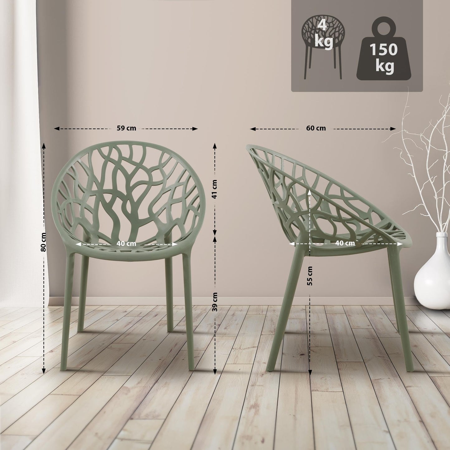 CLP 2er Set Gartenstühle Hope Kunststoff I Stapelstühle wetterfest und UV-beständig I Outdoorstühle pflegeleicht I Sessel für draußen, Farbe:Oliv