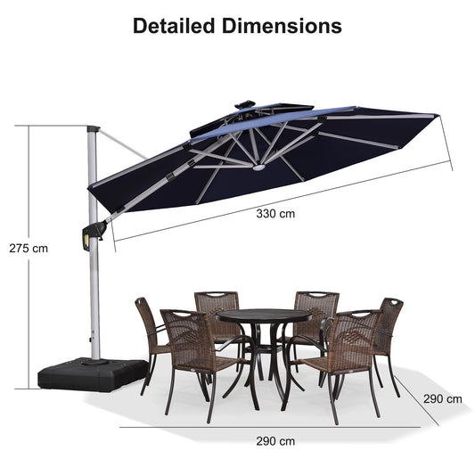 PURPLE LEAF Sonnenschirm Ø 330 cm mit Led Solar Beleuchtung Ampelschirm Marktschirm Gartenschirm Kurbelschirm Terrassenschirm mit Kurbel, 360° Rotation, Sonnenschutz UV50+, Marineblau