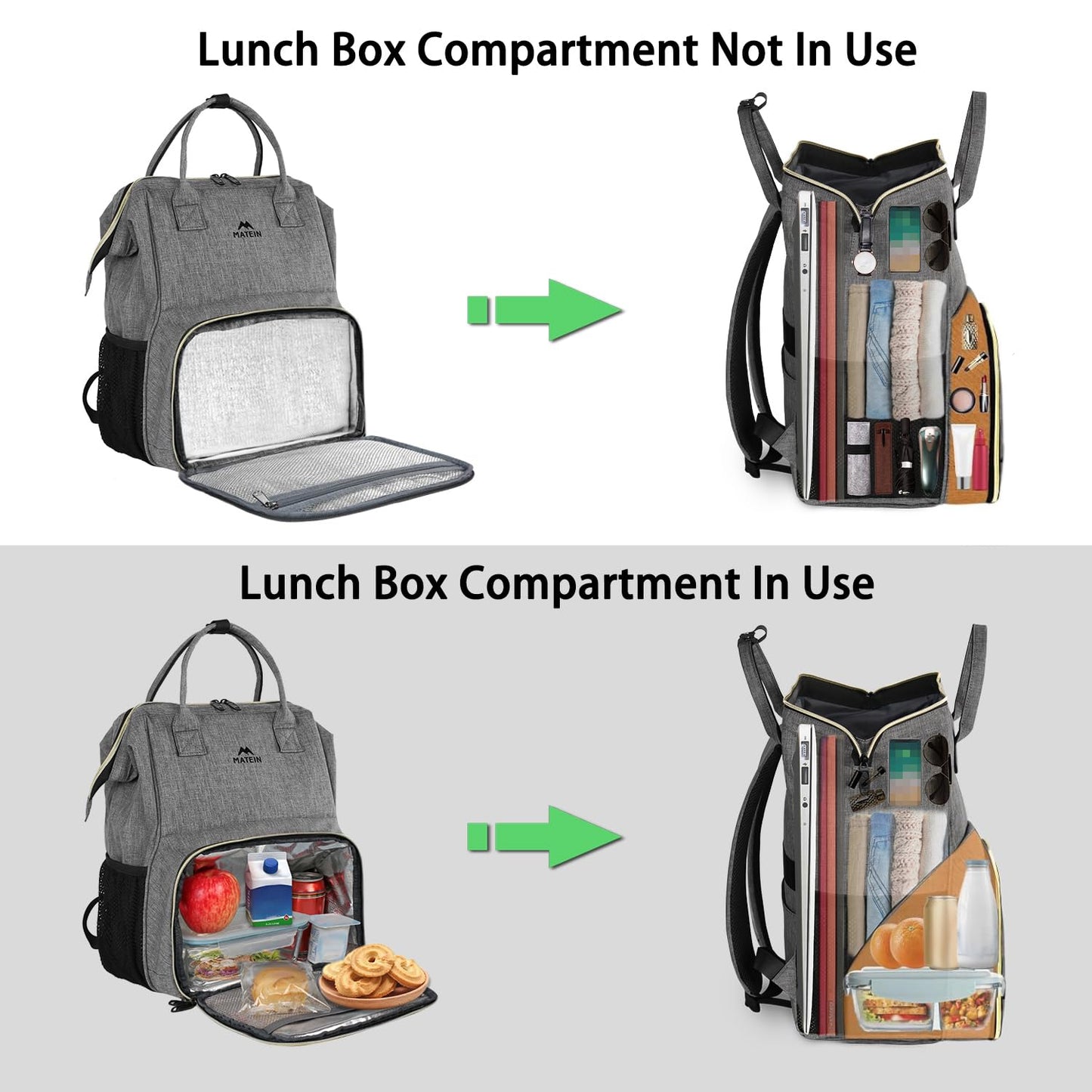 MATEIN Damen Laptop Rucksack 15,6 Zoll mit Isoliertes Kühlfach, Kühlrucksack mit USB Ladeanschluss, Wasserdicht Kühltasche Lunch Tasche für Frauen Herren Arbeit Business, Grau