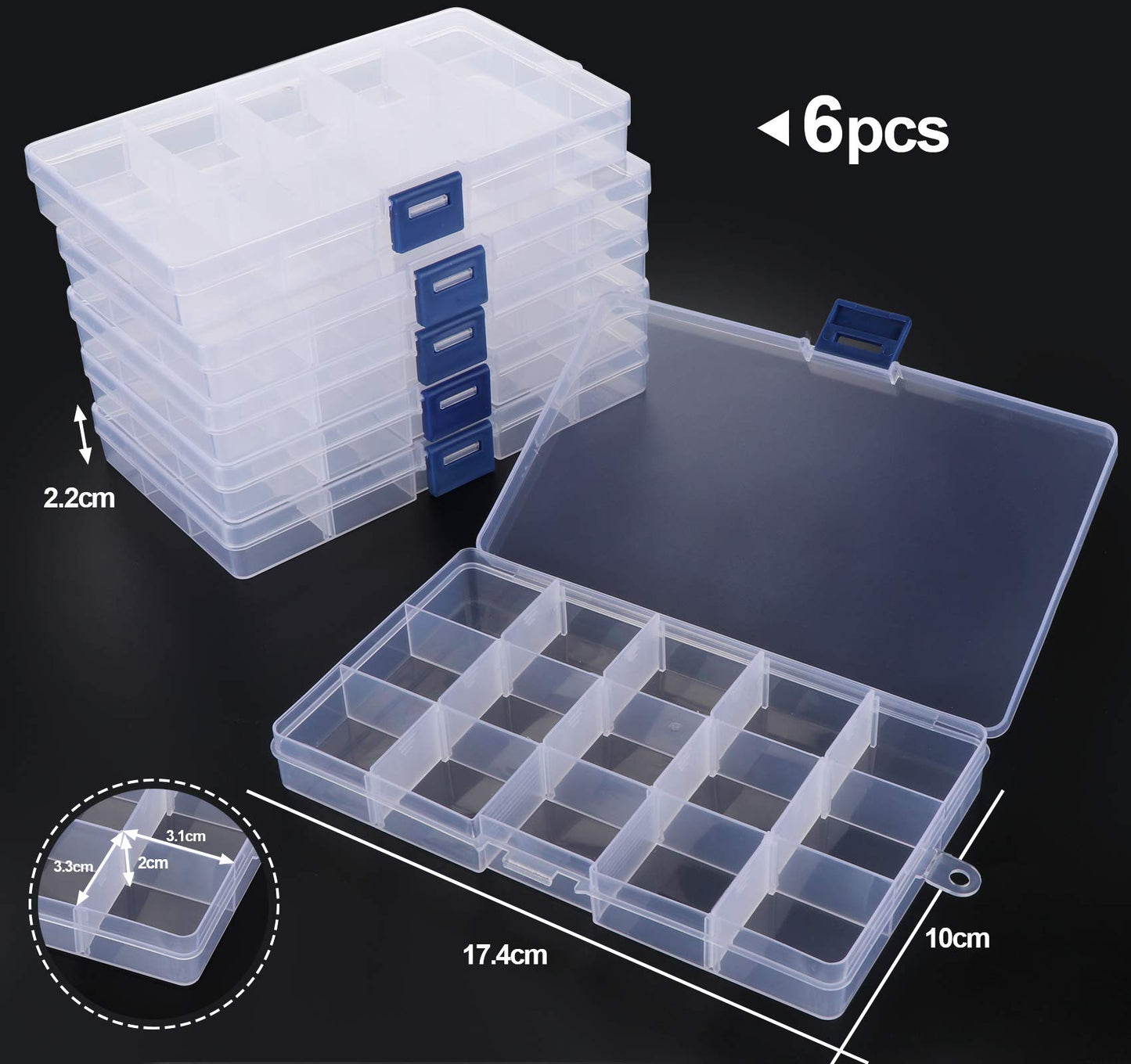ilauke 6 Stück Fächer Aufbewahrungsbox, Plastik Aufbewahrungsbox Schmuck Aufbewahrungsbox Sortierboxen 15 Raster für Veranstalter Perlen Ohrring, Einstellbar Sortimentskasten