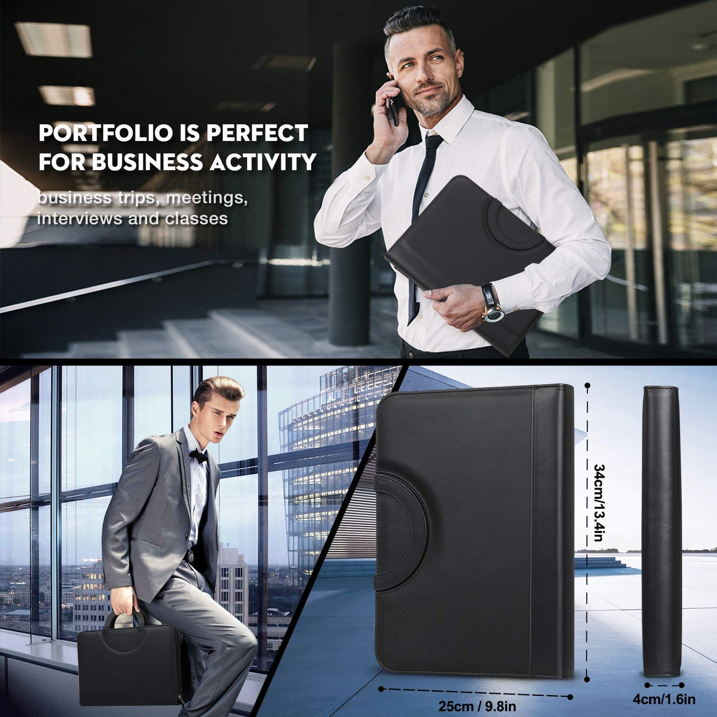 wilbest® A4 Schreibmappe, Multifunktions Ledermappe, Große Fächern für Tablet, Reißverschlussfach, Facheinschließlich Schreibbloc, 4 Kartenfächer, Faltbaren Magnetgriffen, Wasserdicht Dokumentenmappe