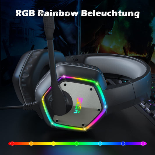 EKSA E1000 USB PC Gaming Headset mit Mikrofon, Gamer Headset mit Bass Surround Sound, RGB Beleuchtung, Gaming Kopfhörer mit Mic für PS4/PS5 Konsole/Computer/Laptop