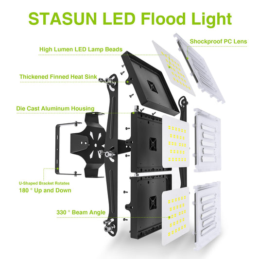 STASUN 300W LED Fluter, IP66 wasserdicht, 30000lm, LED Außenbeleuchtung, äquivalent zu 1800W Halogenlampen, 6000K Tageslicht, einstellbare Fluter für Scheunen, Innenhöfe und Garagen (Schwarz)