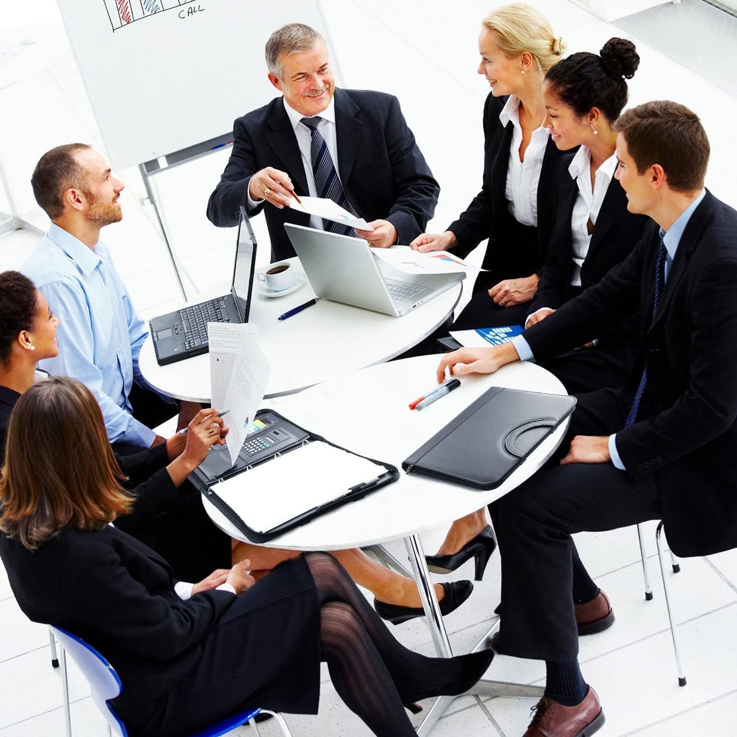 WONSEFOO A4 Schreibmappe, Multifunktions Ledermappe, einschließlich Schreibbloc, Dokumentenmappe Konferenzmappe mit Taschenrechner & faltbaren Magnetgriffen, Komplett mit Reißverschluss, Wasserdicht