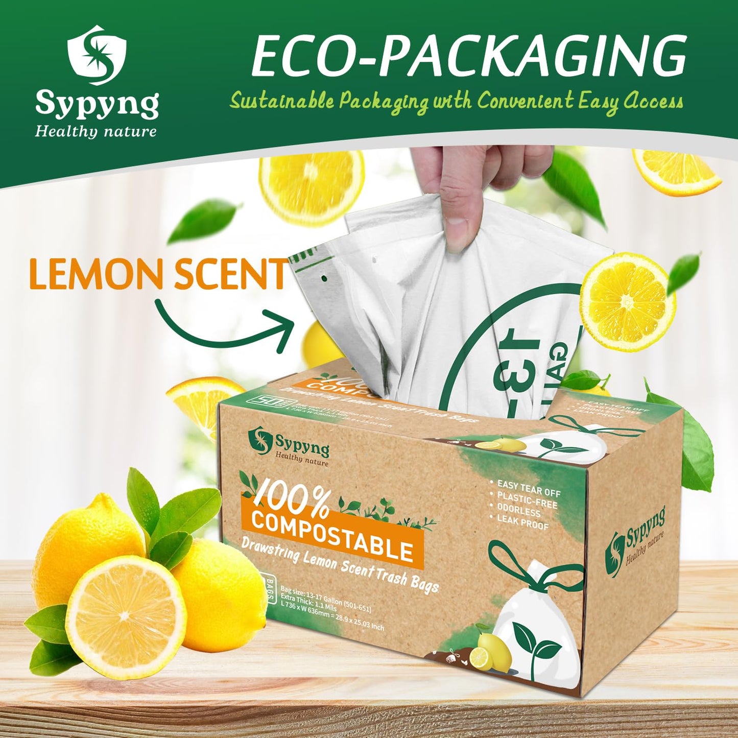 Müllbeutel kompostierbare, 100% Bioabfallbeutel mit Zitrone Duft mit Kordelzug, umweltfreundlich,50 Stück/Rolle, 50-65l (636 x 736 cm), extra dick:1,1 mm, Kompost Home zertifiziert EN13432