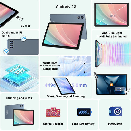 JUSYEA Tablet 10 Zoll Android 13 Octa-Core MT8183 16GB RAM + 128GB ROM (1TB TF), WLAN 5G + 2.4G, GPS, Bluetooth 5.0, Cast, 13MP + 5MP, 8000mAh Akku, mit Tastatur & Maus, Metallkörper Gray