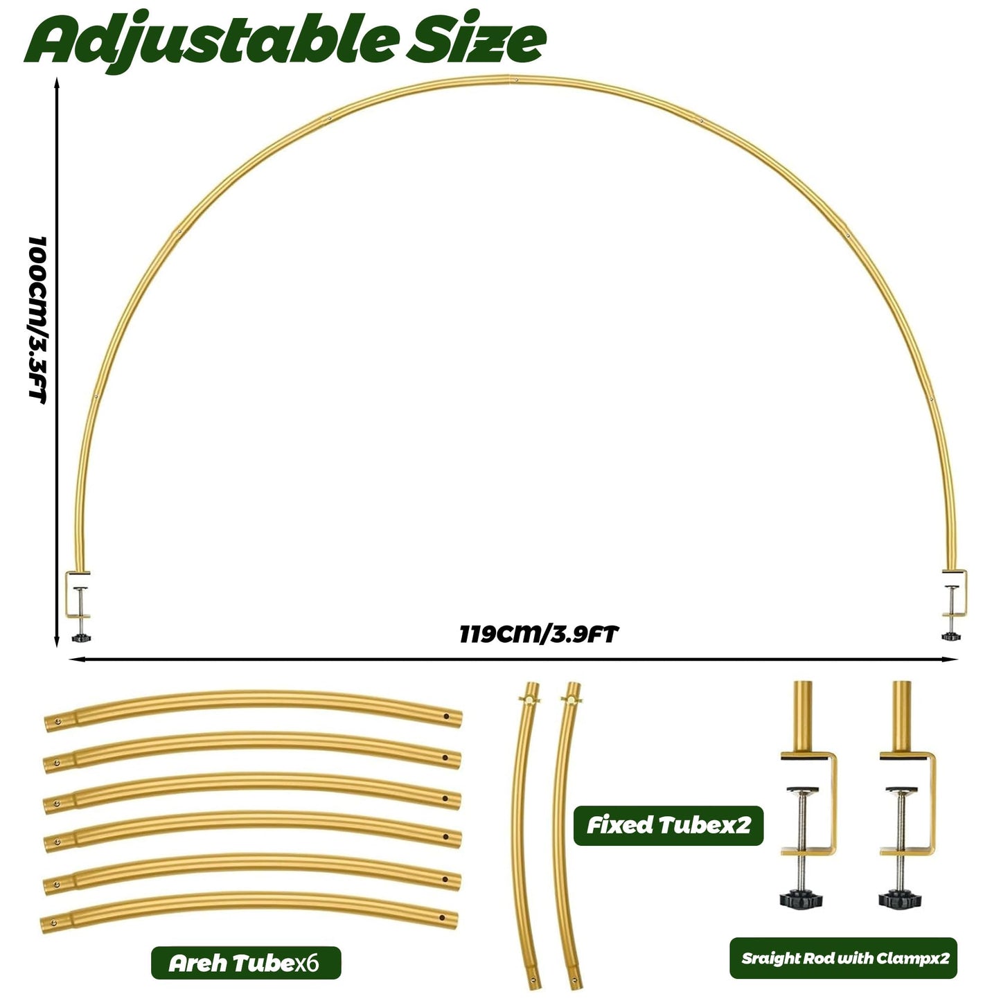 YORFULL Adjustable Metal Over Table Hanging Decoration Display Rod,Verstellbarer Tischbogen mit Klemmen, Goldmetall, halbkreisförmig,100 cm hoch, 180 cm lang,